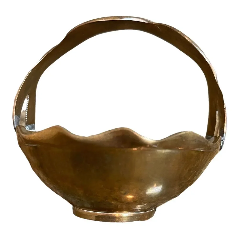VTG Basket Twist Handle 4 inch Scallop‎ Footed Dish Trinket Solid Yellow Brass